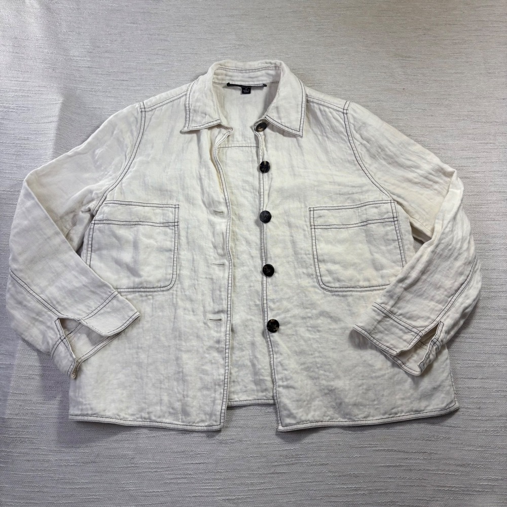 Linda Allard Ellen Tracy Cream Linen Shirt Jacket Contrast Stitch 14 Utility